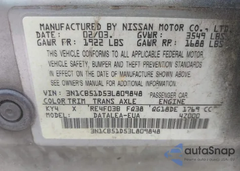 2003 Nissan Sentra Gxe from USA, damaged, VIN 3N1CB51D53L809848